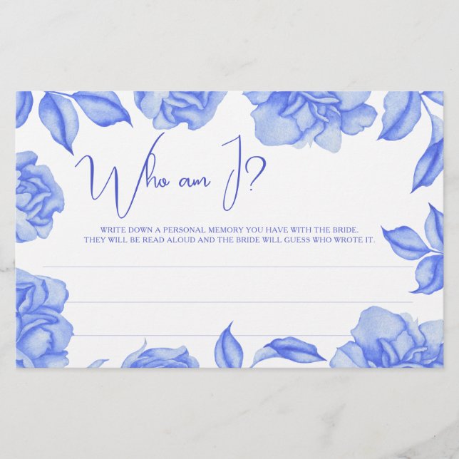 Papelería Blue Floral Bridal shower Who am I game (Anverso)
