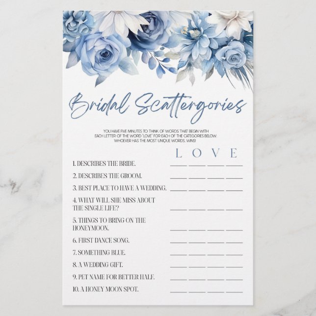 Papelería Blue Floral Scattergories Briwal Shower Game (Anverso)