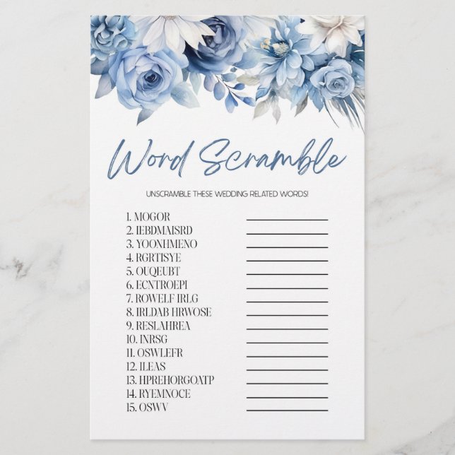 Papelería Blue Floral Word Scramble Bridal Shower Game (Anverso)