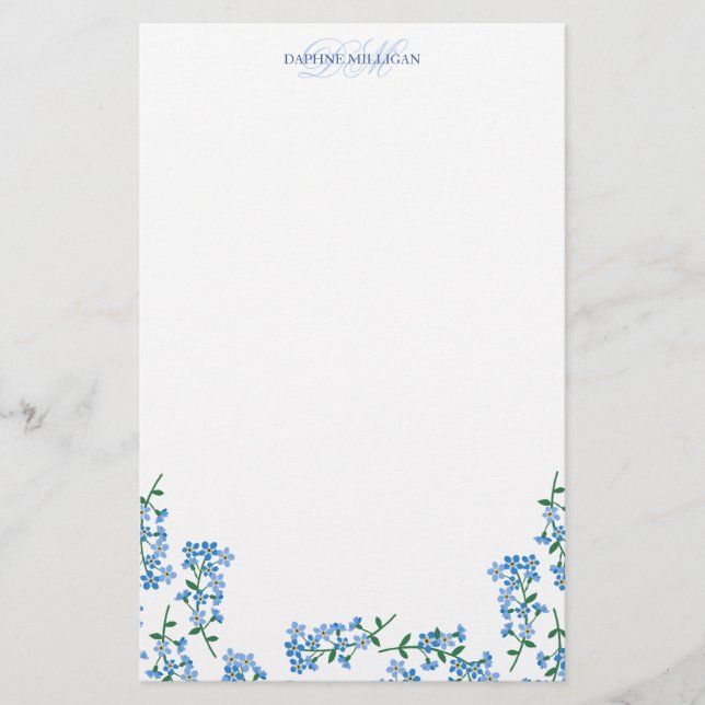 Papelería Blue Forget Me Nots - Añadir nombre Monograma (Anverso)