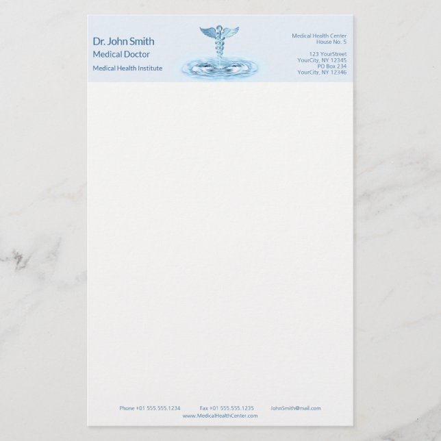 Papelería Blue Hermes Rod Caduceus Water Ripples Medical (Anverso)