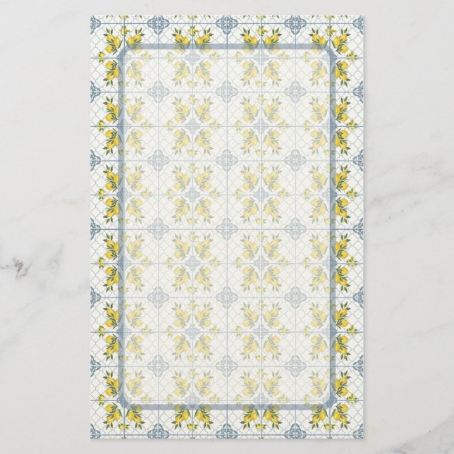 Papelería Blue Tile Watercolor French Country Lemon Pattern (Anverso)