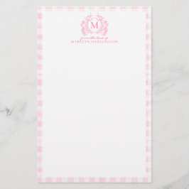 Papelería Blush Pink Gingham Floral Crest Monogram