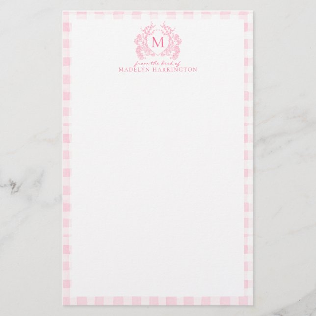 Papelería Blush Pink Gingham Floral Crest Monogram (Anverso)