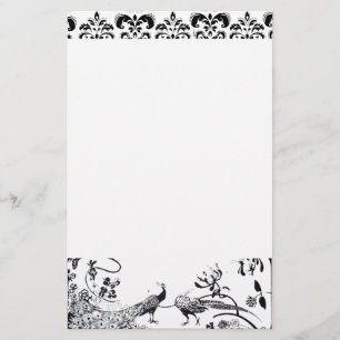 Papelería BODA AMOR AVES Negro Blanco Peacocks Damasco