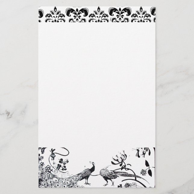 Papelería BODA AMOR AVES Negro Blanco Peacocks Damasco (Anverso)