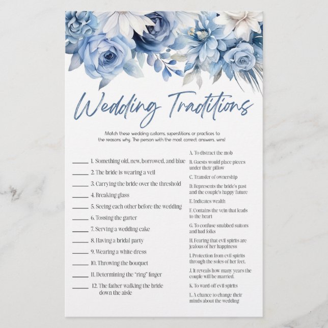 Papelería Boda Floral Azul Tradiciones juego de ducha de nov (Anverso)