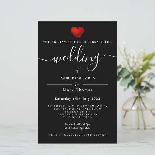 Papelería Boda negro de corazón rojo moderno simple (Anverso de pie)