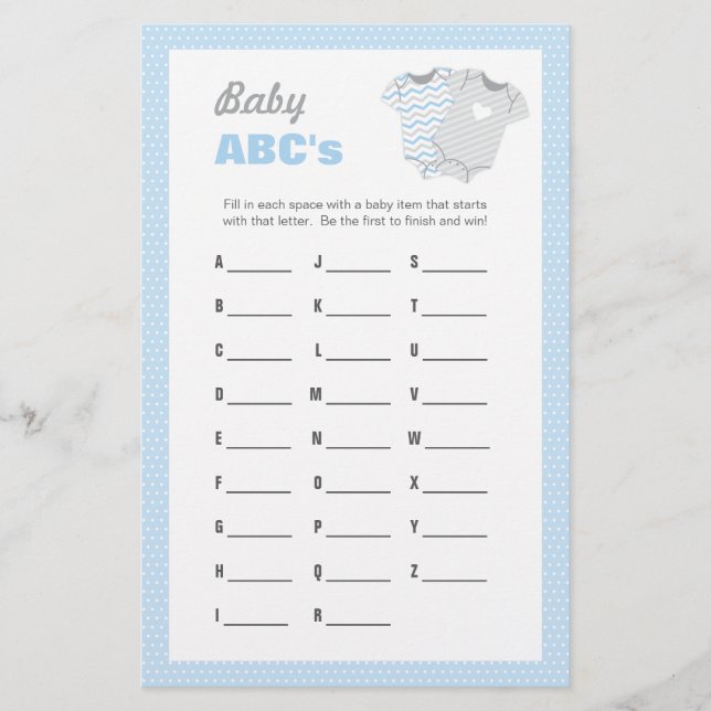 Papelería Bodysuit Baby Shower ABC Game - Azul (Anverso)