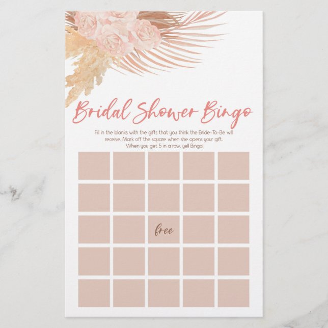 Papelería Boho Pink Floral Bingo Bridal Shower Game (Anverso)