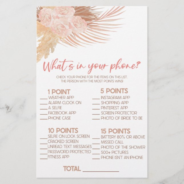 Papelería Boho Pink What's In Phone Bridal Shower Game (Anverso)