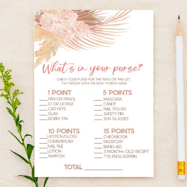 Papelería Boho Pink What's In Purse Bridal Shower Game (Subido por el creador)