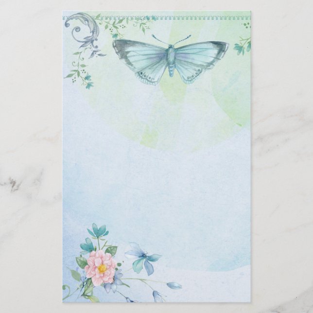 Papelería Bonito de la flor de mariposa del verde azul (Anverso)
