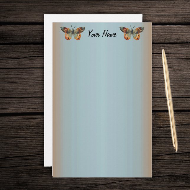 Papelería Borde abstracto de mariposa monarca de bonito (Two pretty monarch butterflies in autumn colours on blue with orange borders stationery paper.)
