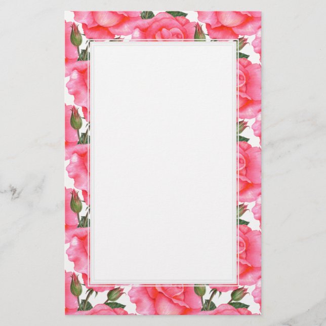 Papelería Borde blanco de arte floral rosa Personalizado (Anverso)
