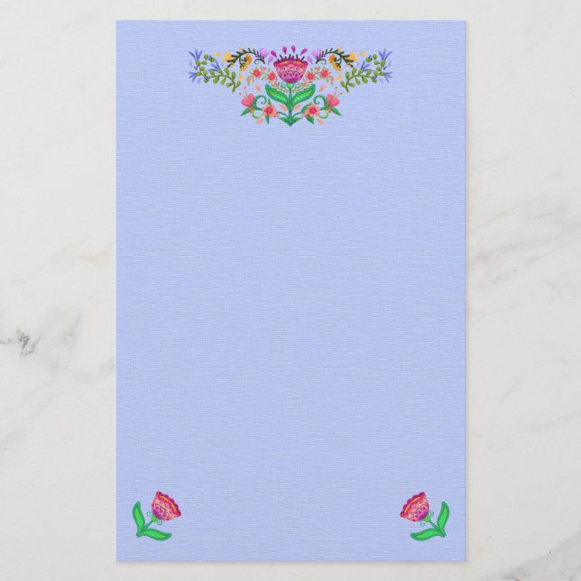 Papelería Borde floral estilo boho en azul claro (Anverso)