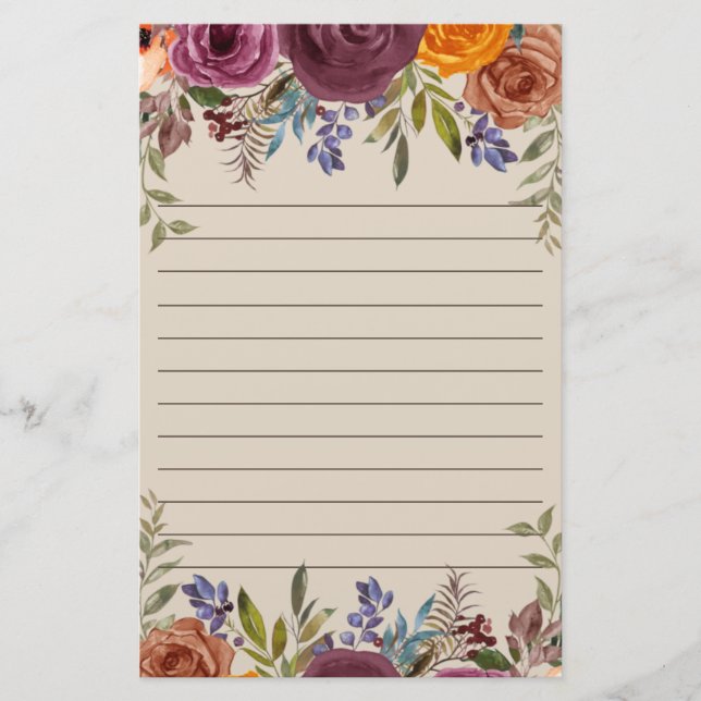 Papelería Borgoña quemada Naranja morado floral (Anverso)