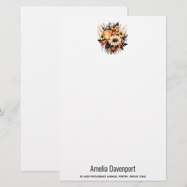 Papelería Bouquet de flores grises amarillas naranjas (Anverso / Reverso)