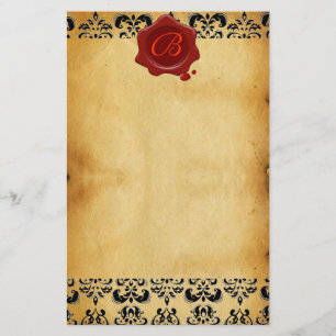 PAPELERÍA BROWN PARCHMENT DAMASK , RED WAX SEAL MONOGRAM