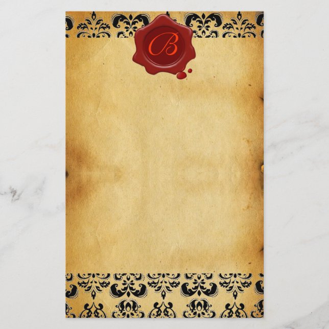 PAPELERÍA BROWN PARCHMENT DAMASK , RED WAX SEAL MONOGRAM (Anverso)