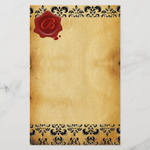 PAPELERÍA BROWN PARCHMENT DAMASK , RED WAX SEAL MONOGRAM
