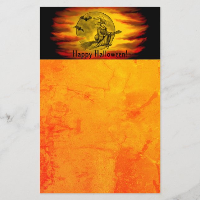 Papelería Bruja voladora con gato negro, noche de halloween (Anverso)