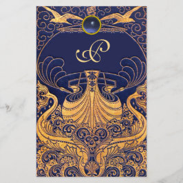 Papelería Buque antiguo, delfines, oro, monograma azul marin