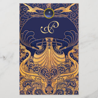 Papelería Buque antiguo, delfines, oro, monograma azul marin