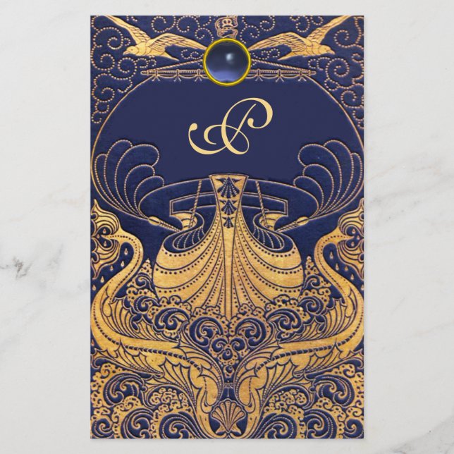 Papelería Buque antiguo, delfines, oro, monograma azul marin (Anverso)