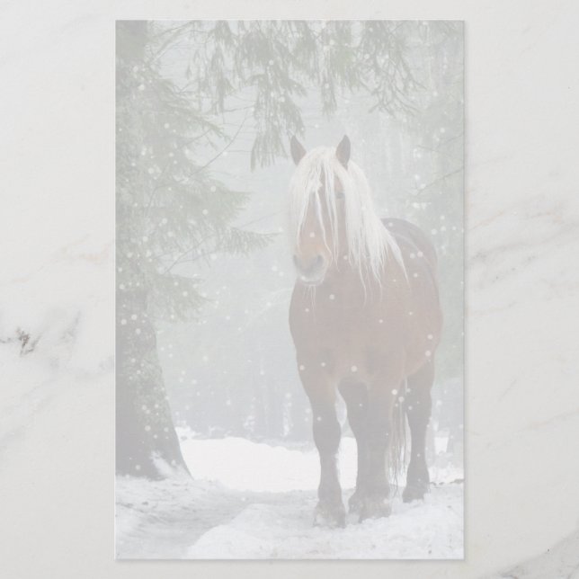 Papelería Caballo marrón en un bosque de invierno con nieve  (Anverso)