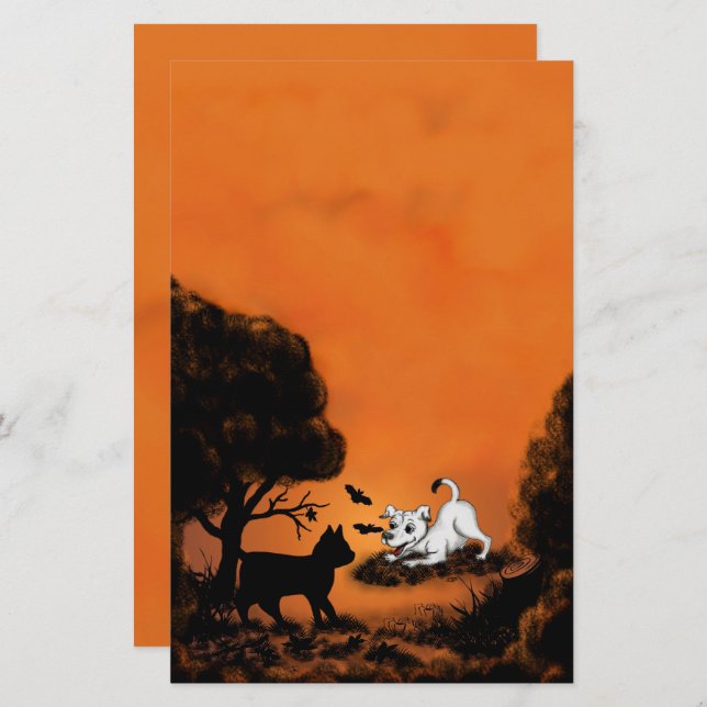 Papelería Cachorro con gato negro y murciélago, ¡Feliz Hallo (Anverso / Reverso)