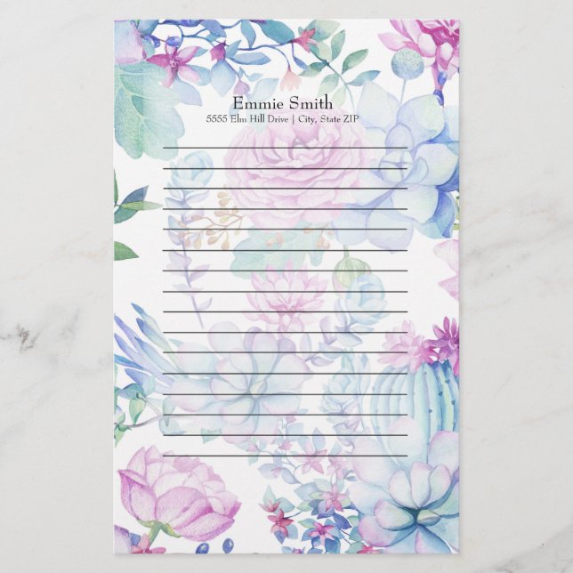 Papelería Cactus azul morado personalizado y blanco floral (Anverso)