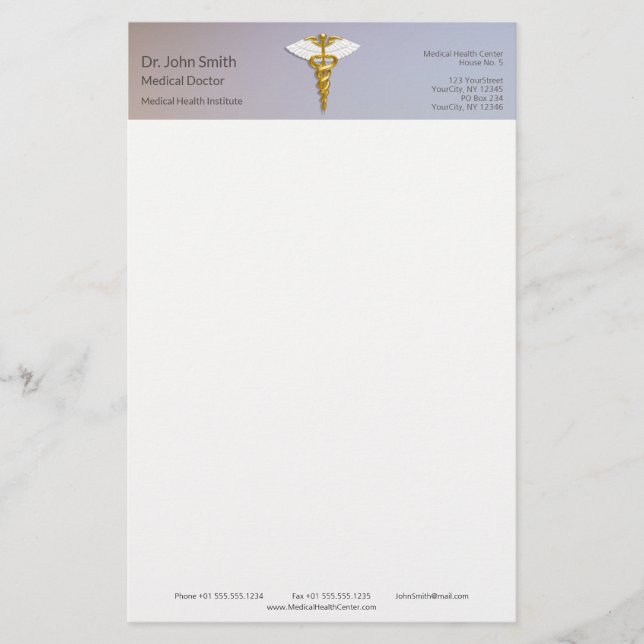 Papelería Caduceo de oro elegante médico con alas blancas (Anverso)