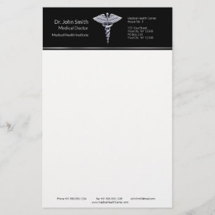 Papelería Caduceo de plata elegante sobre fondo médico negro