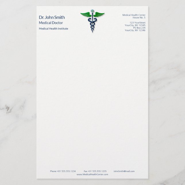 Papelería Caducto médico azul Elegante Cruz Verde Alas (Anverso)