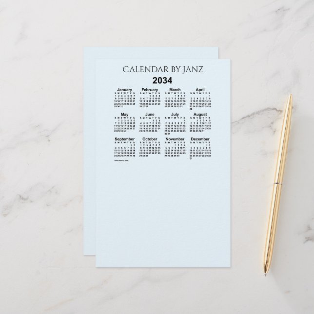 Papelería Calendario Alice Blue 2034 de Janz Stationery (Anverso/Reverso In Situ)