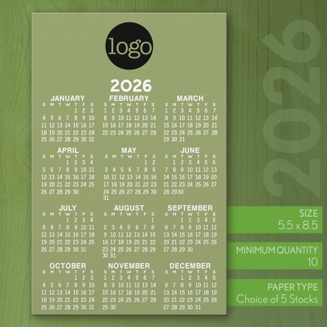 Papelería Calendario - Blanco verde básico Mínimo (2026 Calendar on Stationery Sheet)