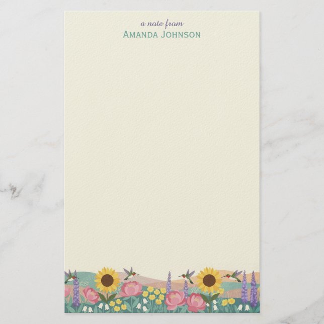 Papelería Campo de flores de colibrí personalizado con nombr (Anverso)