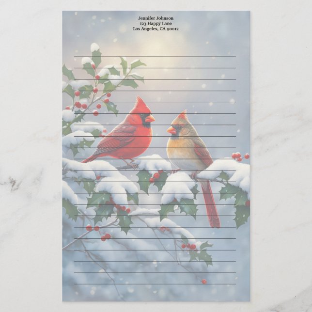 Papelería Cardenales rojos y Holly en la nieve (Anverso)