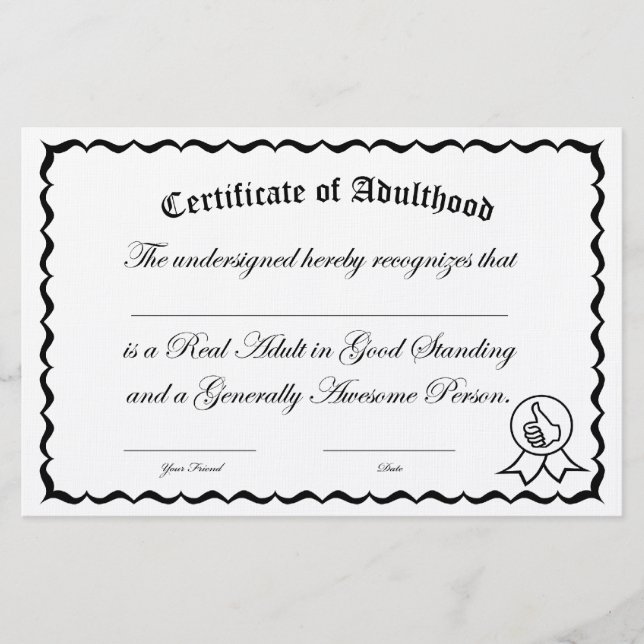 Papelería Certificado de edad adulta (Anverso)