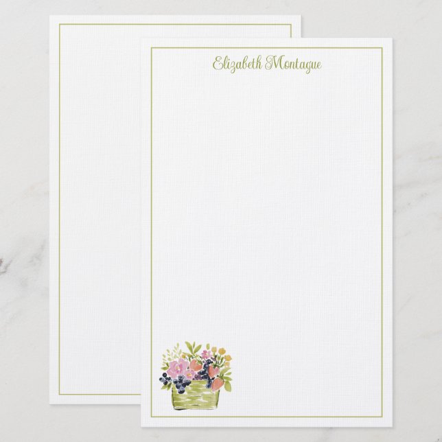 Papelería Cesta de frutas y flores en acuarela (Anverso / Reverso)