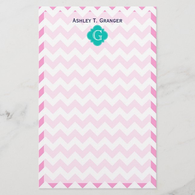 Papelería Chevron blanco rosado Zigzag Verde azulado Quatref (Anverso)
