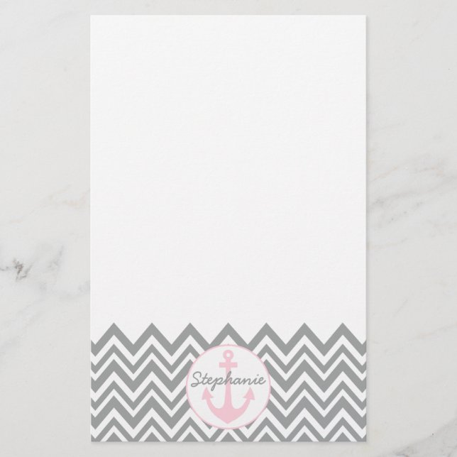 Papelería Chevron gris y blanco con náutica rosa pastel (Anverso)
