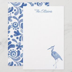 Papelería Chinoiserie Watercolor Blue Heron Bird Stationery