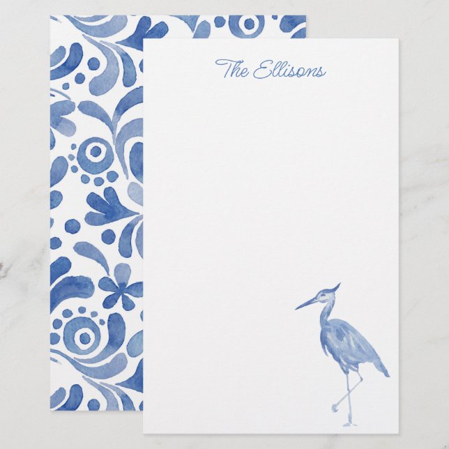 Papelería Chinoiserie Watercolor Blue Heron Bird Stationery (Anverso / Reverso)