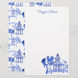 Papelería Chinoiserie Watercolor Blue Pagoda