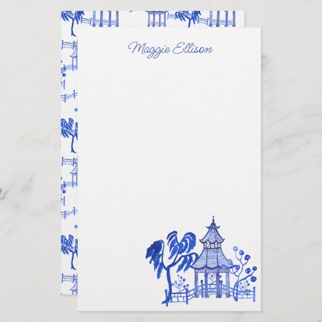 Papelería Chinoiserie Watercolor Blue Pagoda (Anverso / Reverso)
