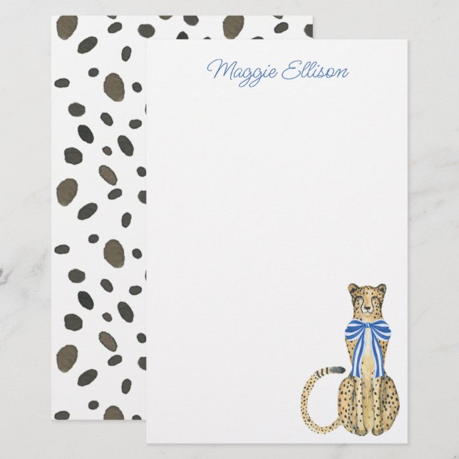 Papelería Chinoiserie Watercolor Bow Cheetah Stationery (Anverso / Reverso)