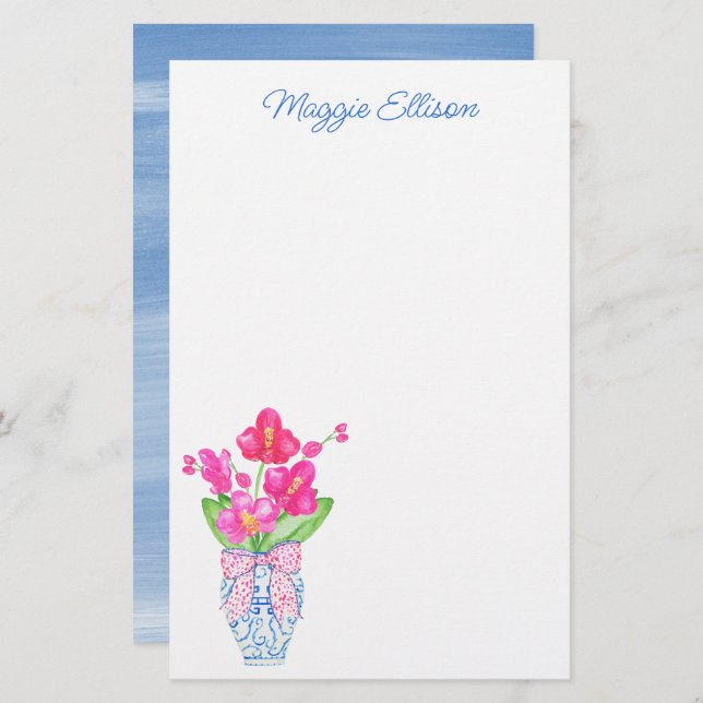 Papelería Chinoiserie Watercolor Ginger Jar Orchid (Anverso / Reverso)