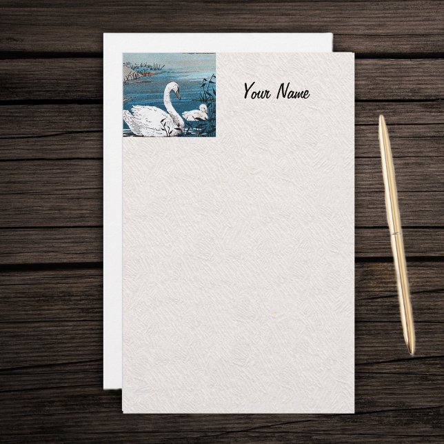 Papelería Cisne Blanco Elegante Con Bebé (Pretty white swan with baby in blue lake on faux textured writing stationery paper.)